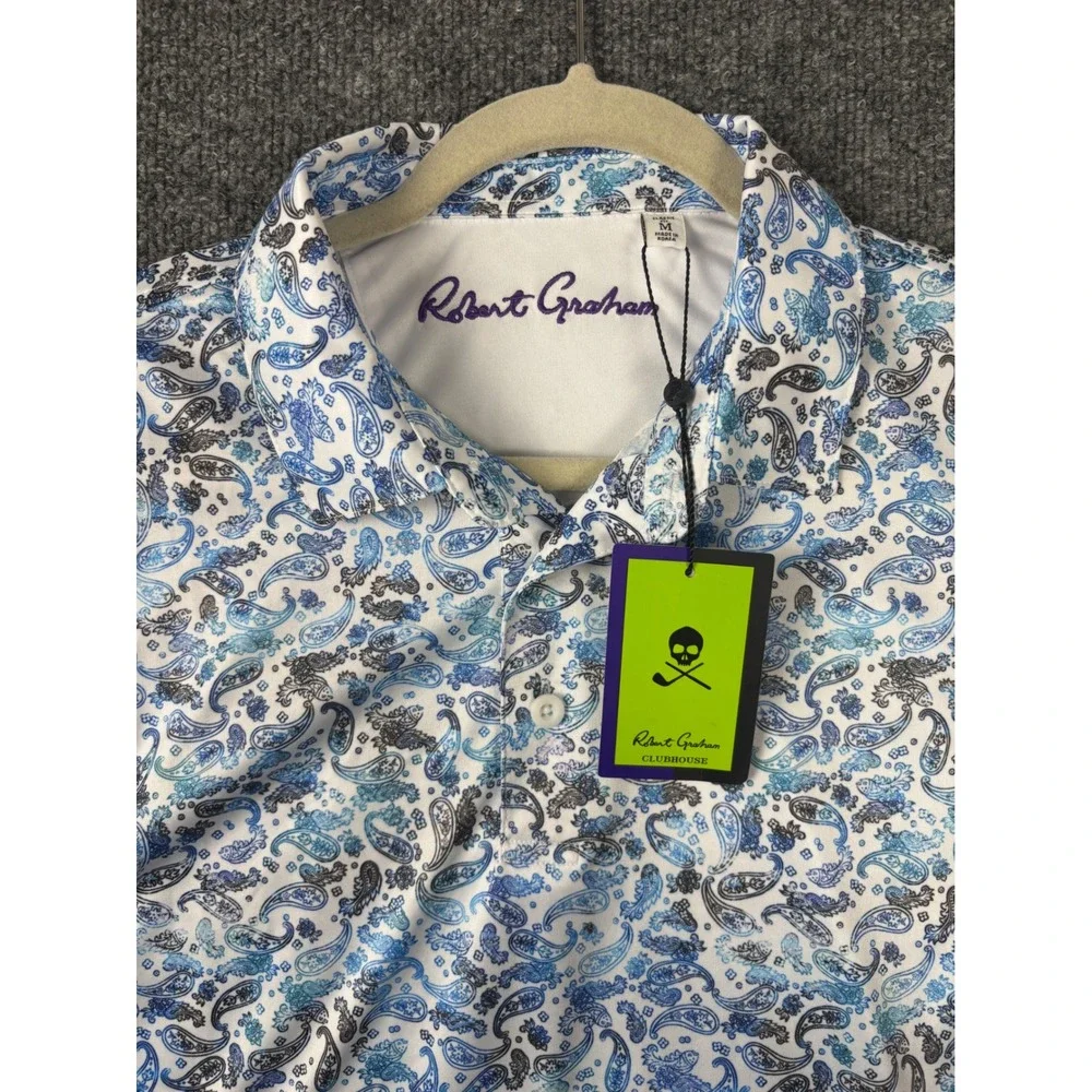 NWT Robert Graham Polo Shirt Mens Medium White Blue Paisley Shark Bait Golf - Picture 2 of 8